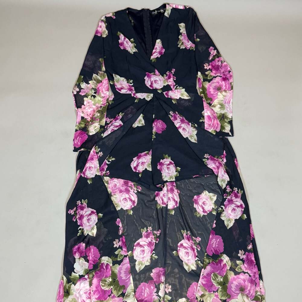 Crystal Doll Women’s Floral High Low Maxi Dress Size Small Navy Pink Rose Sheer